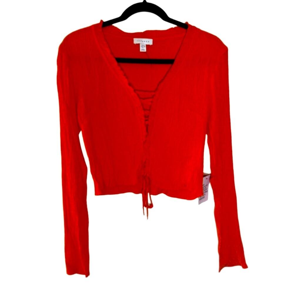 Topshop Crinkle Ruched Lace Long Sleeve Top - Tangerine Orange Size 6